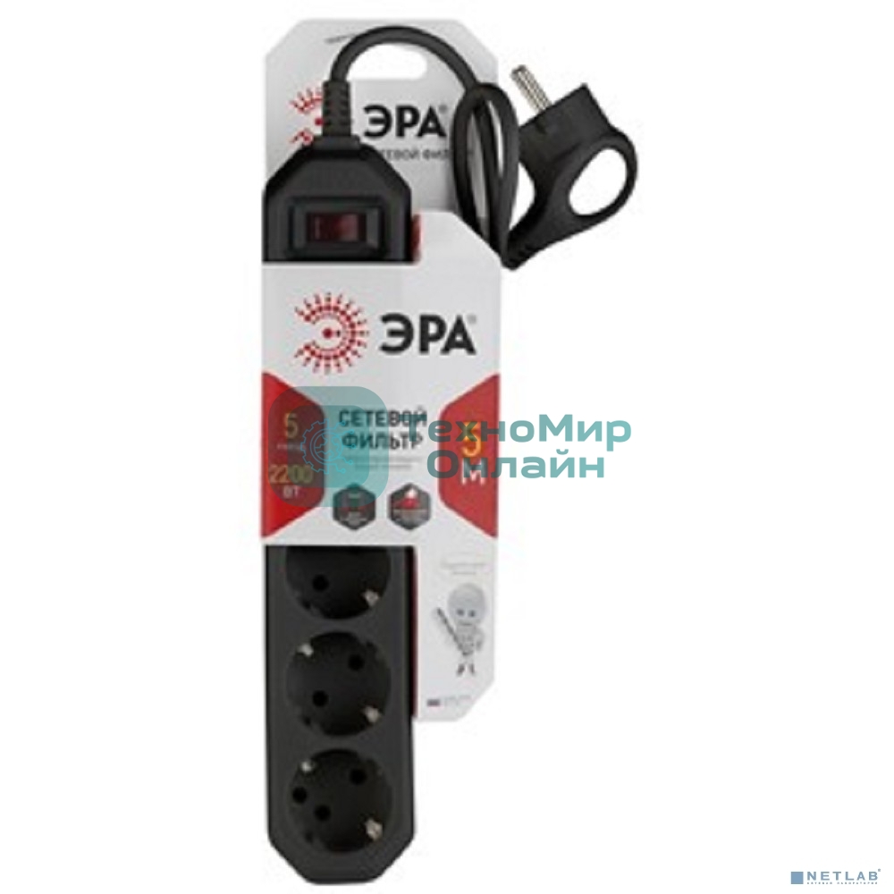 Сетевой фильтр ЭРА USF-5es-5m-B черный с заземл, 3x0,75 мм2, с выкл, 5 гн, 5 м (20/500)