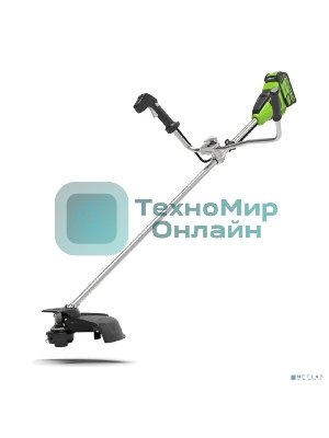 Триммер аккумуляторный GreenWorks GD40BCB, 40V, 40,6 см, бесщеточный, с АКБ 4АЧ и ЗУ (2105707UB) 40 вольт (модель GD40BCB) - отличная замена электро или бензиновому триммеру, он с легкостью справиться с высокой травой, а благодаря пильному диску (в комплекте) можно резать крупный кустарник. Это полупрофессиональный триммер, который отлично подойдет для ведения дачного хозяйства. Модель оснащена надежным бесщеточным двигателем DigiPro, сопоставимым по мощности с бензиновыми аналогами, при этом он абсолютно экологичен, имеет высокий крутящий момент, низкий уровень шума и вибраций, а так же прост в эксплуатации. Включение триммера производится одной кнопкой, основное применение - подрезка травы в труднодоступных для газонокосилки местах, а также подрезка кустарника. Эта модель имеет наплечный ремень, а также эргономичную велосипедную рукоятку. Долгое автономное время работы (до 80 минут от 4 А/час батареи) и отсутствие необходимости использовать бензин и масло, переносить за соб