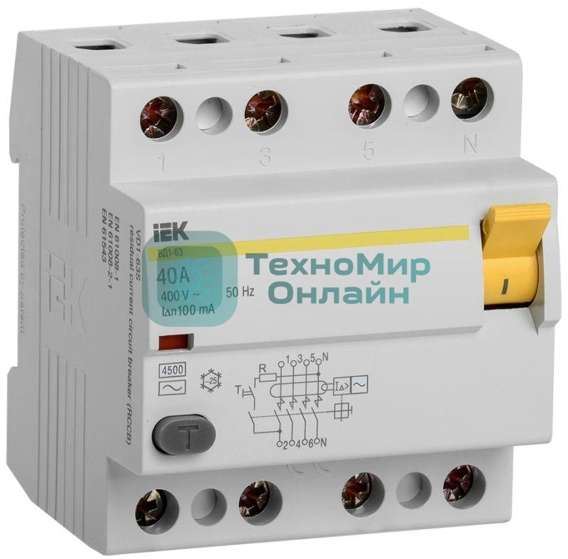 Выключатель дифференциального тока (УЗО) 4п 40А 100мА тип AC ВД1-63 IEK MDV10-4-040-100