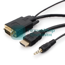 Кабель HDMI->VGA Cablexpert A-HDMI-VGA-03-10M, 19M/15M + 3.5Jack, медь, позол.разъемы, 10м, черный, пакет