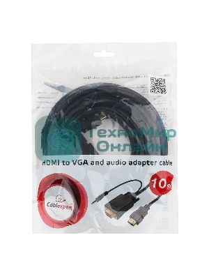 Кабель HDMI->VGA Cablexpert A-HDMI-VGA-03-10M, 19M/15M + 3.5Jack, медь, позол.разъемы, 10м, черный, пакет