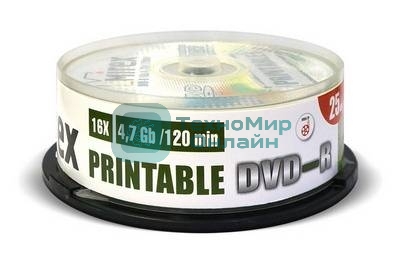 Диск DVD-R Mirex 4.7 Gb, 16x, Cake Box (25), Ink Printable (25/300)