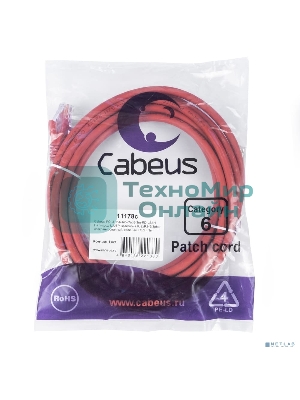 Патч-корд Cabeus PC-UTP-RJ45-Cat.6-3m-RD-LSZH U/UTP, кат.6, 2xRJ45/8p8c, неэкранированный, красный, LSZH, 3м