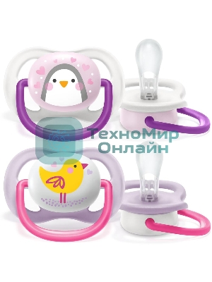Пустышка Philips ultra air Lime, Пингвин/Птичка, 0-6 мес, 2 шт, для девочек