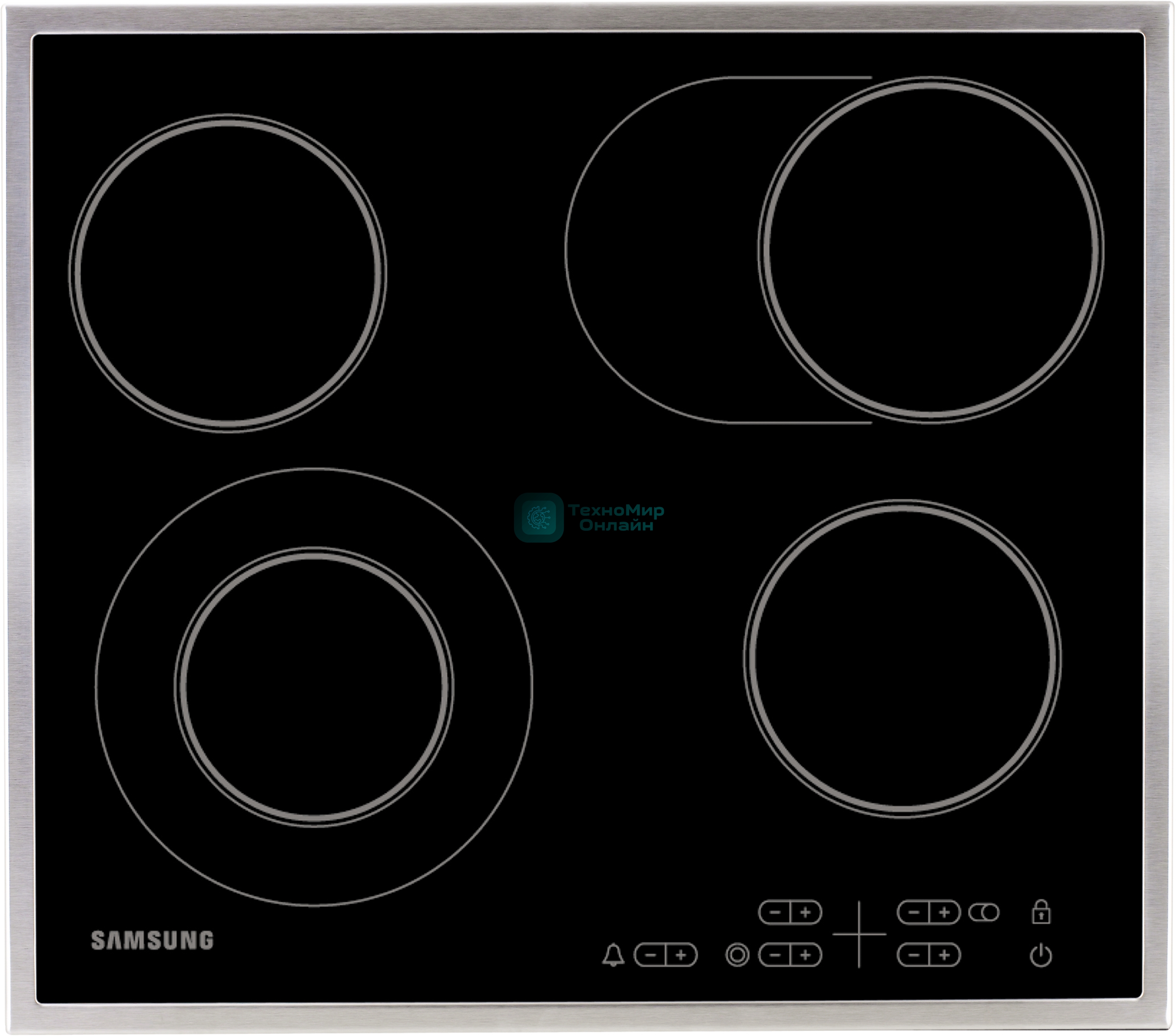 Встраиваемая электрическая панель Samsung NZ64T3516CK/WT, 575x505x55 мм, стеклокерамика, 4 конфорки, рамка - нержавеющая сталь,сенсорное управление, светодиодный LED-дисплей, защита от детей, черный