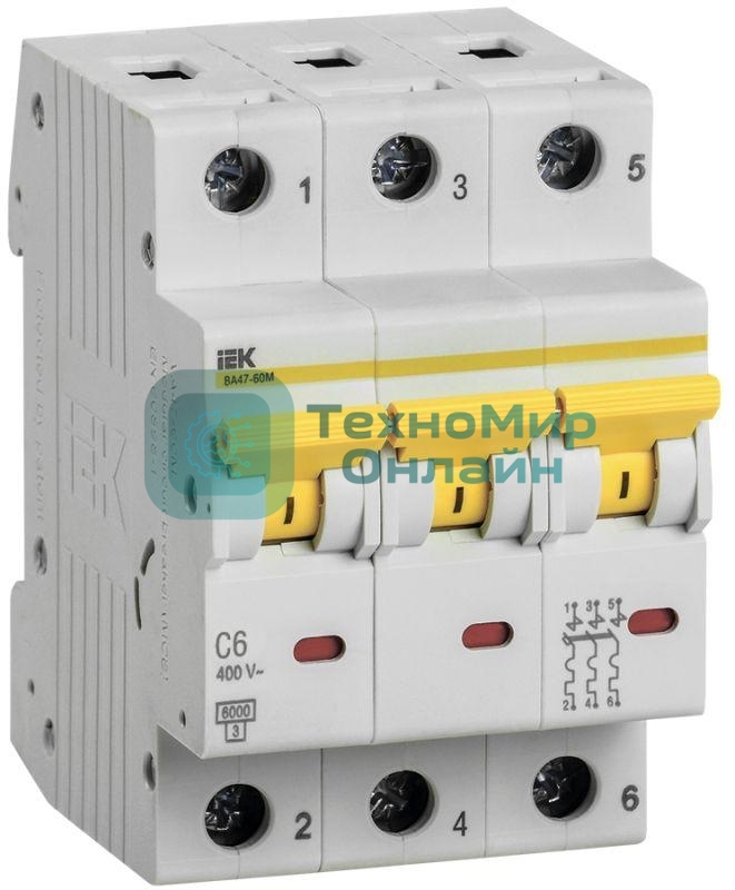 Выключатель автоматический трехполюсный ВА47-60M 3Р 6А 6кА С MVA31-3-006-C IEK
