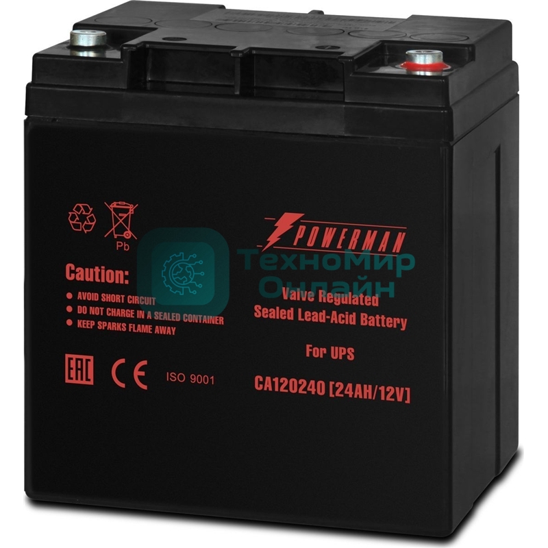 Батарея для ИБП Powerman Battery CA12240, напряжение 12В, емкость 24Ач, макс. ток разряда 360А, макс. ток заряда 7.2А, свинцово-кислотная типа AGM, тип клемм M1, Д/Ш/В 166/126/174, 8.4 кг. Battery POWERMAN Battery CA12240, voltage 12V, capacity 24Ah, max. discharge current 360A, max. charge current 7.2A, lead-acid type AGM, type of terminals M1,166мм x 126мм x 174мм, 8.4 kg.