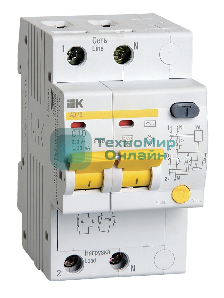 Выключатель автоматический дифференциального тока 2п C 10А 30мА тип AC 4.5кА АД-12 IEK MAD10-2-010-C-030