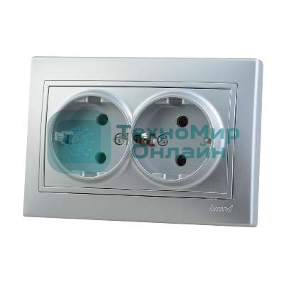 Розетка 2-м СП Мира керам. с заземл. метал. сер. Lezard 701-1010-127