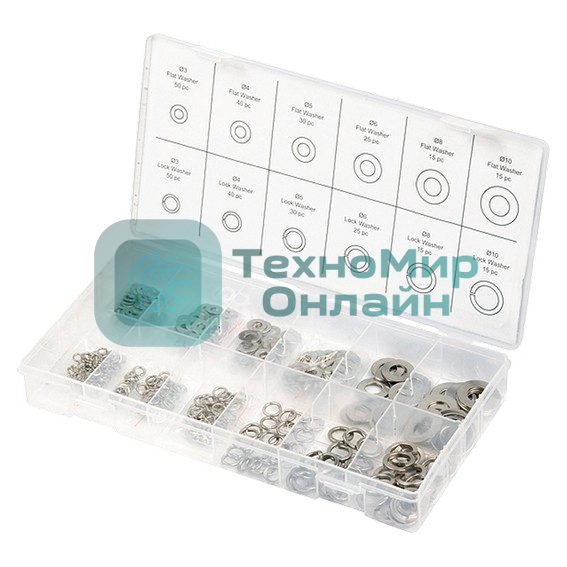 Набор шайб и гроверов Сибртех, D ш: 3, 4, 5, 6, 8, 10 мм, D г: 3, 4, 5, 6, 8, 10 мм, 350 предметов