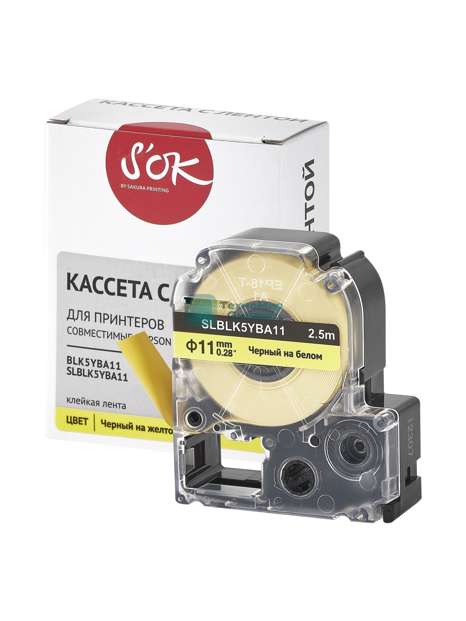 Кассета с лентой S'OK by Sakura Printing BLK5YBA11 для Epson, черный на желтом, 11мм/2.5м