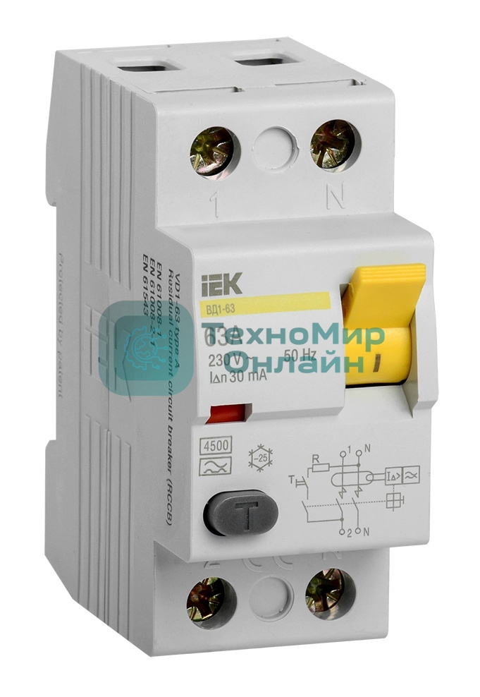 Выключатель дифференциального тока (УЗО) IEK MDV10-2-063-030 ВД1-63 2Р 63А 30мА IEK