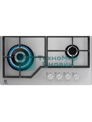 Газовая варочная поверхность ELECTROLUX KGG64362S газ на стекле, 2 чугунных держателя, газконтроль варочной поверхности, интегрированный автоподжиг варочной поверхности, конфорки: Конфорка ускоренного нагрева, средней мощности, Конфорка ускоренного нагрева, средней мощности, WOK конфорка, Конфорка ускоренного нагрева, стандартной мощности,