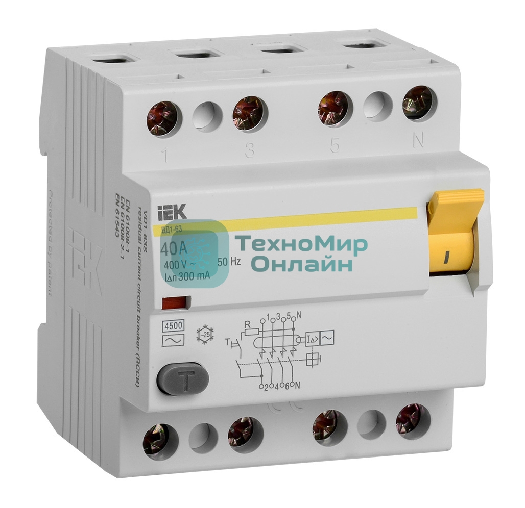 Выключатель дифференциального тока (УЗО) IEK MDV10-4-040-300 УЗО ВД1-63 4Р 40А 300мА IEK