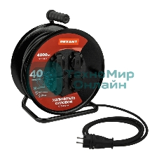 Удлинитель силовой КГ на катушке 4 гнезда Rexant с/з, 40 м, 3х2,5 мм², IP44 с выключателем, c защитными крышками, металлическая катушка