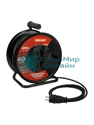 Удлинитель силовой КГ на катушке 4 гнезда Rexant с/з, 40 м, 3х2,5 мм², IP44 с выключателем, c защитными крышками, металлическая катушка