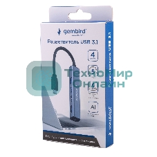Разветвитель USB3.1 Gembird UHB-C474, 4хUSB, с доп.питанием (порт Type-C), кабель Type-C 19см, алюминий, коробка
