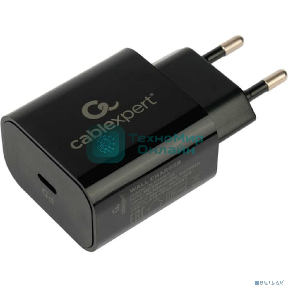 Сетевое зарядное устройство Cablexpert 20Вт, 3А, QC3.0/PD, 1xType-C, черный, пакет