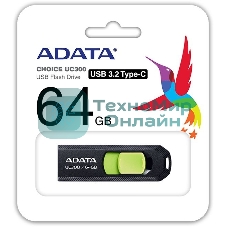 Флешка USB ADATA UC300 (ACHO-UC300-64G-RBK/GN), 64Gb, Type-C USB 3.2, R/W 100/30, черный/зеленый