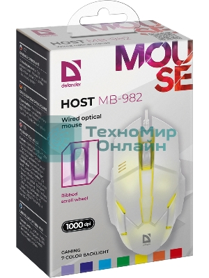 Мышь проводная Defender Host MB-982 белый, 1000 dpi, USB, кнопки - 3
