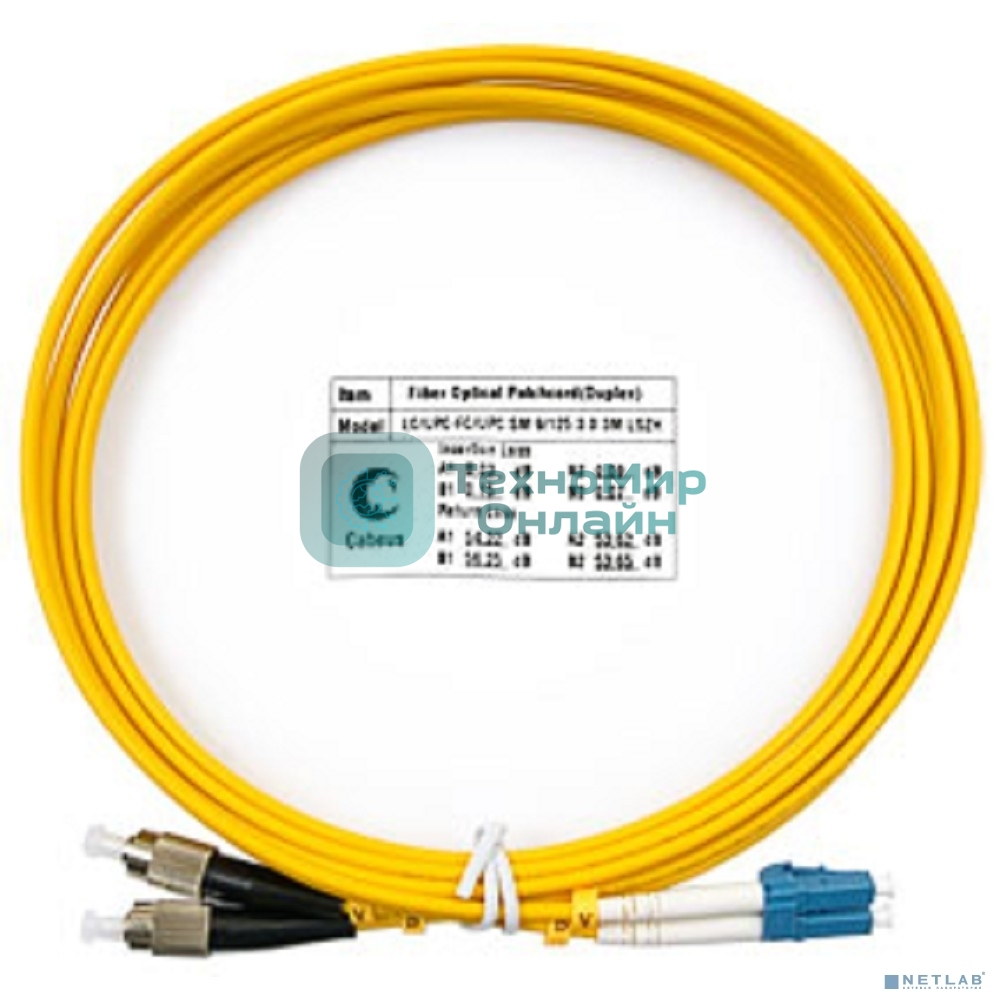 Комм. шнур оптический Cabeus Tight Buffer, Duplex LC/FC, OS2 9/125, LSZH, 3м, d= 3мм, черный хвостовик, желтый