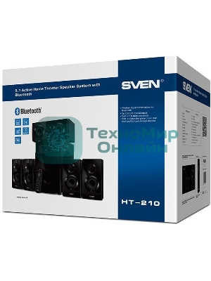 Аудиоколонки SVEN HT-210, черный, акустическая система 5.1, мощность (RMS):50Вт+5x15Вт, Bluetooth, Optical, Coaxial, FM-тюнер, USB/SD, дисплей, ПДУ