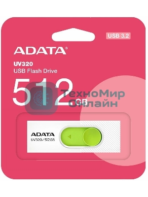Флешка USB ADATA UV320 (AUV320-512G-RWHGN), 512Gb, USB 3.2 Gen1, R/W 100/30, белый/зеленый