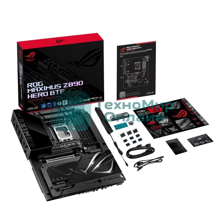 Материнская плата ASUS ROG MAXIMUS Z890 HERO BTF, LGA1851, Intel Z890, 4xDDR5, 4xSATA, 6xM.2, 1xPCIe 5.0 x16, 1xPCIe 4.0 x4, 1xPCIe x1, 1xHDMI, 2xUSB-C (Thunderbolt 4), 1xUSB-C 3.2 Gen 2, 4xUSB-A 3.2 Gen 2, 4xUSB-A 3.2 Gen 1, 2x2.5Gb LAN, Wi-Fi 7, Bluetooth 5.4, 2x3.5 мм, S/PDIF, 7.1, ATX