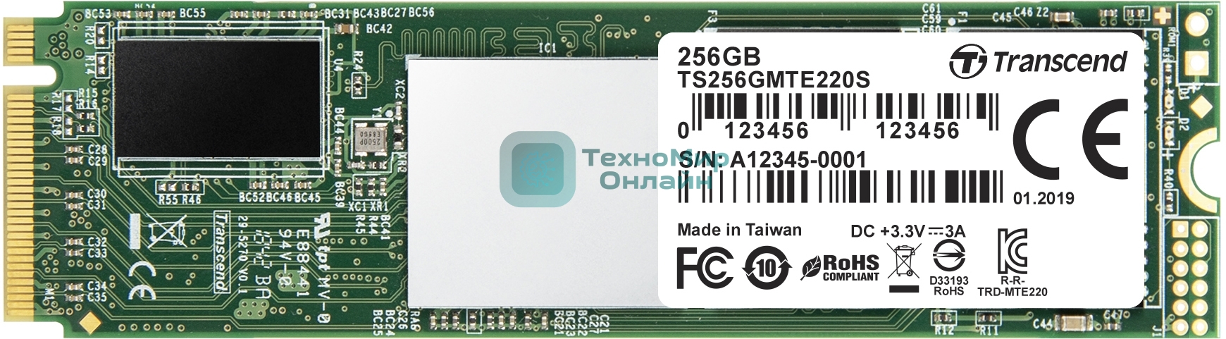 Накопитель SSD Transcend MTE220S SSD 256GB, 3D TLC, M.2 (2280), PCIe Gen 3.0 x4, NVMe, R3300/W1100, TBW 550