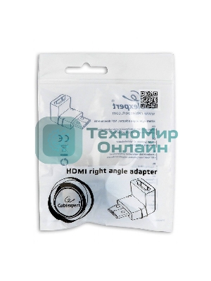 Переходник Cablexpert HDMI-HDMI 19F/19M, угловойсоединитель 90 градусов, золотые разъемы (A-HDMI90-FML)