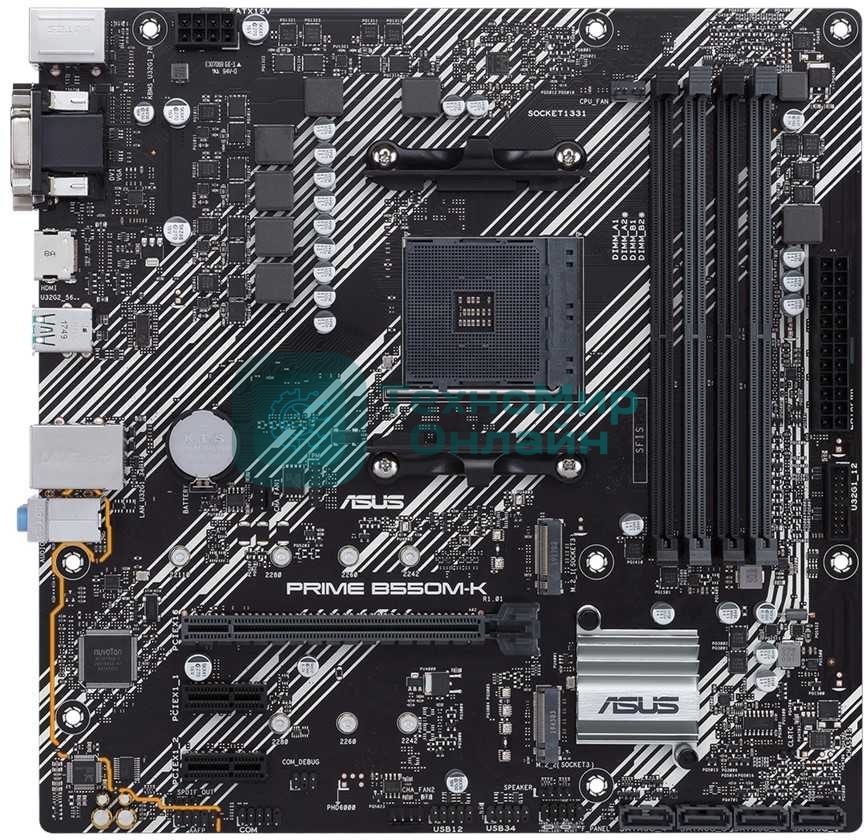 Материнская плата ASUS PRIME B550M-K, AM4, AMD B550, 4xDDR4, 4xSATA, 2xM.2, 1xPCIe 4.0 x16, 2xPCIe x1, 1xDVI-D, 1xHDMI, 1xVGA, 1x 1Gb LAN, 4xUSB 3.2 Gen 1, 2xUSB 3.2 Gen 2, 3x3.5 мм, 7.1, mATX