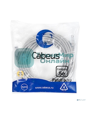 Патч-корд Cabeus PC-UTP-RJ45-Cat.5e-10m U/UTP, cat.5е, 2xRJ45/8p8c, неэкранированный, серый, PVC, 10м