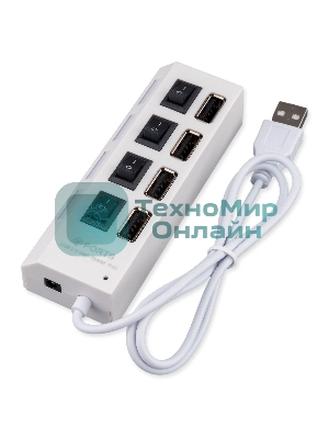 Разветвитель USB2.0 Gembird UHB-243-ADW, 4хUSB, с доп. питанием, подсветка и выключатели, кабель USB 55 см, белый, коробка