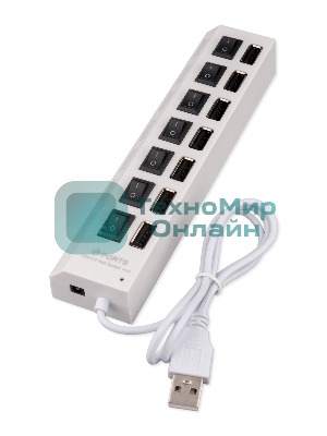 Разветвитель USB2.0 Gembird UHB-U2P7-01W, 7хUSB, с доп. питанием, подсветка и выключатели, кабель USB 55 см, белый, коробка