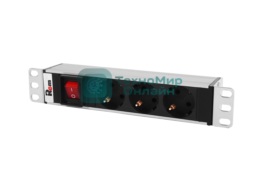 Блок розеток ЦМО Rem-10 без шнура с выкл., 3 Schuko, вход IEC 60320 C14, 10A, алюм., 10