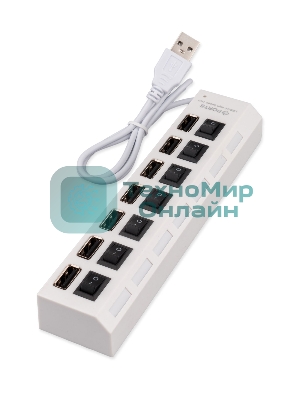 Разветвитель USB2.0 Gembird UHB-U2P7-01W, 7хUSB, с доп. питанием, подсветка и выключатели, кабель USB 55 см, белый, коробка