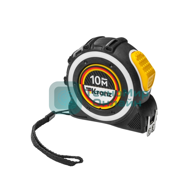 Рулетка Kranz Selbstfixierung, 10м x 25мм, магнитный двухсторонний зацеп, нейлон, двухсторонняя шкала, автоматическая фиксация