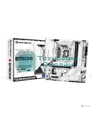 Материнская плата Maxsun MS-Terminator B760M GKD5 ICE, LGA1700, Intel B760, 2xDDR5, 4xSATA, 4xM.2, 1xPCIe 4.0 x16, 1xPCIe 4.0 x4, 1xHDMI, 1xDP, 1x2.5Gb LAN, Wi-Fi 6E, Bluetooth 5.3, 1xUSB-C 20Gbps, 2xUSB-A 10Gbps, 3xUSB-A 2.0, 3x3.5 мм, 7.1, mATX