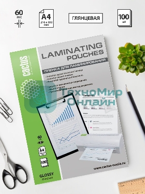 Пленка для ламинирования Cactus 60мкм A4 (100 шт) глянцевая 216x303 мм CS-LPGA460100