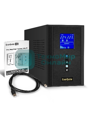 Источник бесперебойного питания (инвертор, синус, для котла) ExeGate SineTower SN-1000.LCD.AVR.2SH.1C13.USB 1000VA/800W, чистая синусоида, LCD дисплей, AVR, 2*Schuko+1*C13, USB, линейно-интерактивный, черный