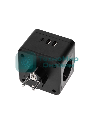 Двойник электрический Rexant Куб 16А с заземлением + 2хUSB-A 2,4А + USB Type-C 3А с ночной подсветкой, черный