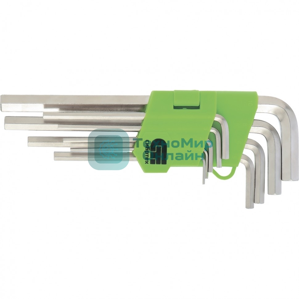 Набор ключей Сибртех имбусовых HEX, 1,5-10 мм, 45x, закаленные, 9 шт., короткие, никель.