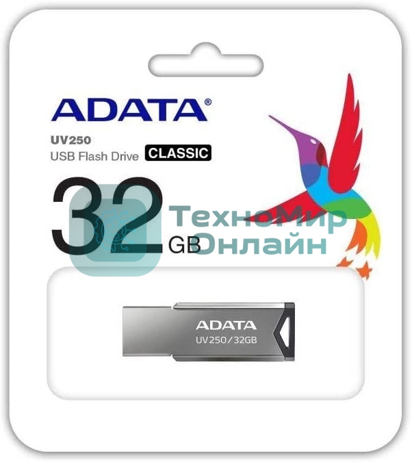Флешка USB ADATA UV250 (AUV250-32G-RBK), 32Gb, USB 2.0, R/W 25/10, серебристый