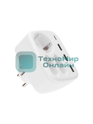 Тройник электрический Rexant 16А + 2х2,5А с заземлением + 3хUSB-A 2,4А + USB Type-C 3А, белый