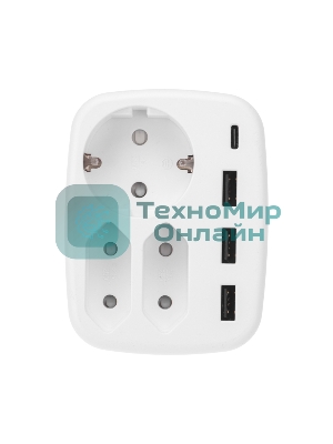 Тройник электрический Rexant 16А + 2х2,5А с заземлением + 3хUSB-A 2,4А + USB Type-C 3А, белый