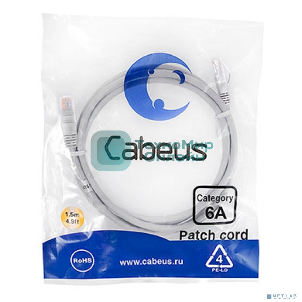 Шнур комм. Cabeus, cat.6a, неэкр., U/UTP, RJ45/RJ45, LSZH, AWG24, 1.5м, серый