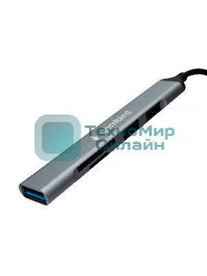 Кард-ридер Type-C/USB-A (3.1) Gembird 5в1: 2xUSB 2.0, USB3.1, SD/TF, кабель 10 см, алюминий