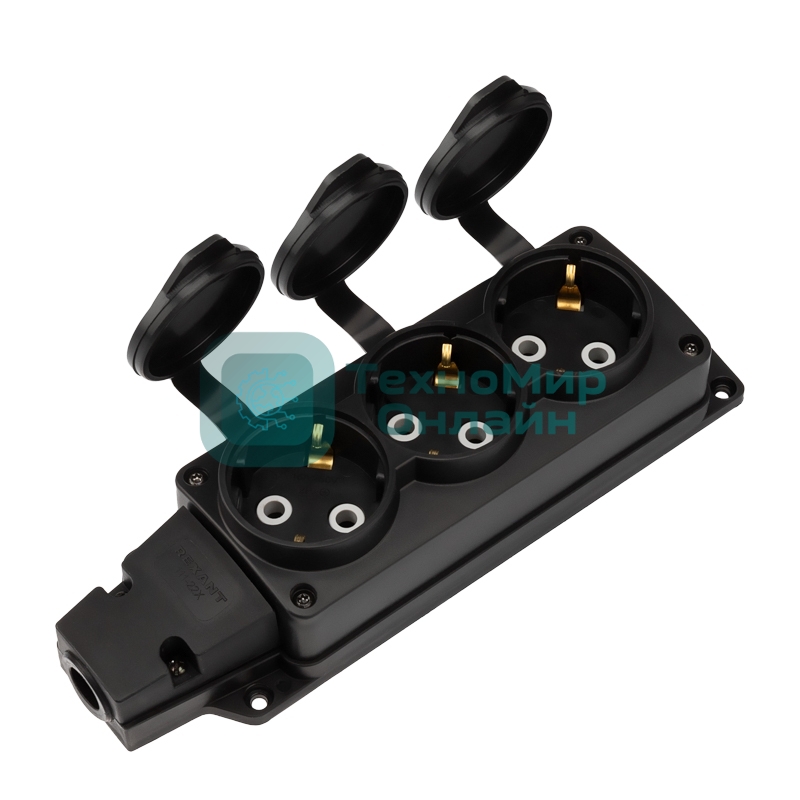 Розетка (колодка) Rexant влагозащищенная с крышкой 3 гнезда COMPACT, с/з, 16А, IP54, каучук, черный
