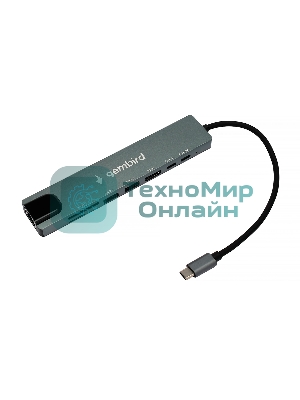 Концентратор USB Type-C Gembird UHB-D3, 8в1: USB2.0, USB3.1, Type-C PD87W, Type-C, HDMI, SD/TF, RJ45, кабель 20 см, алюминий