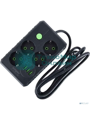 Сетевой удлинитель Amper , 2,0м, 4 розетки, 10А, 2500 Вт, 3usb, черный.